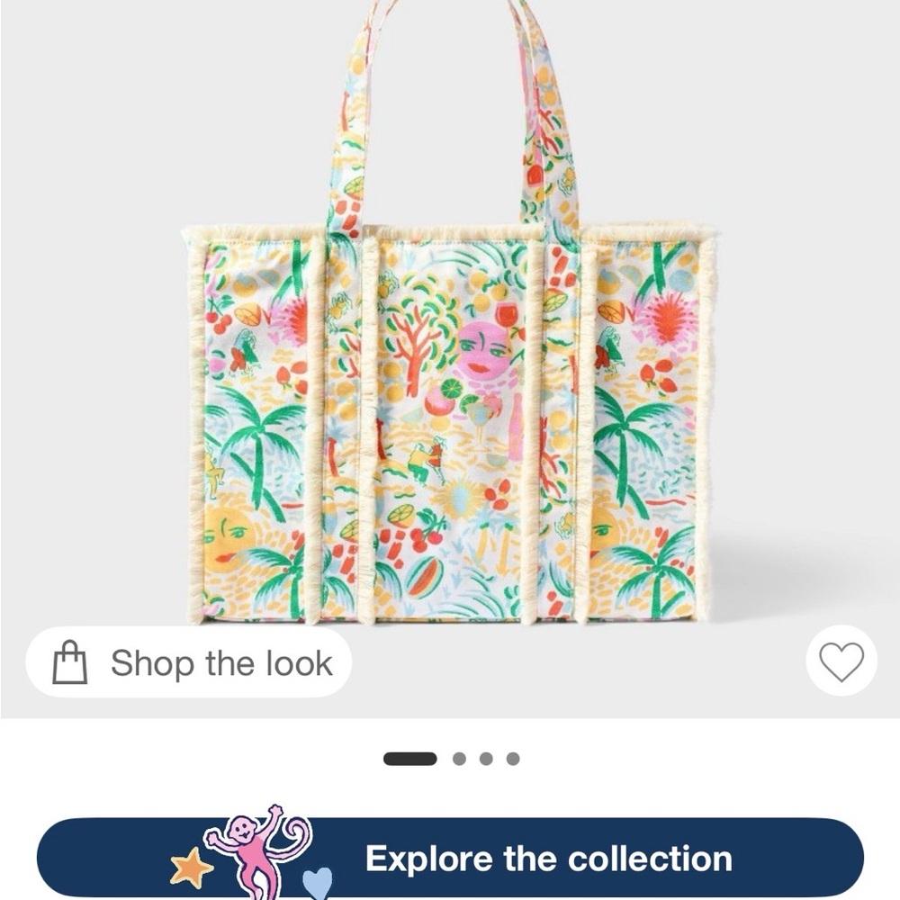 Roller Rabbit Tropical Print Straw-Trim Tote - White, Green, Yellow, Pink